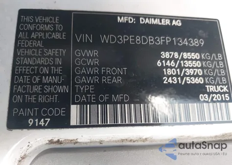 2015 Mercedes-Benz Sprinter 2500 High Roof из США, поврежденный, VIN WD3PE8DB3FP134389